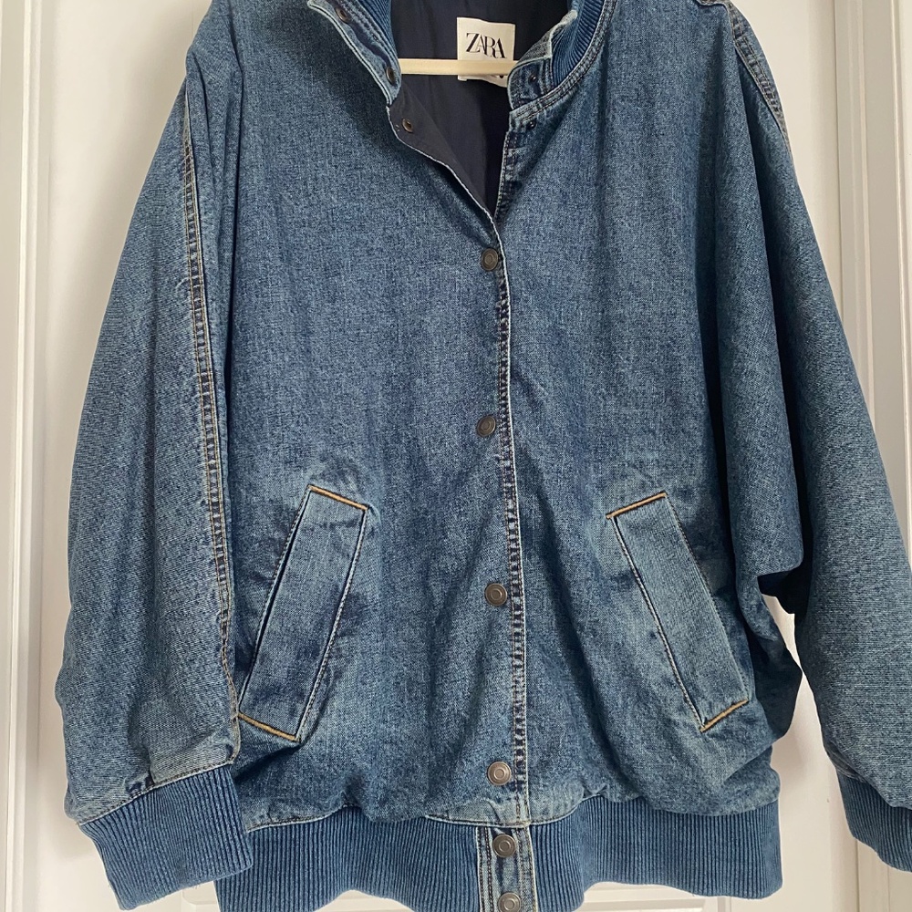 NWOT Zara ZW Dark Blue Denim Oversized Bomber Button Up Jacket Women XL - Picture 5 of 5